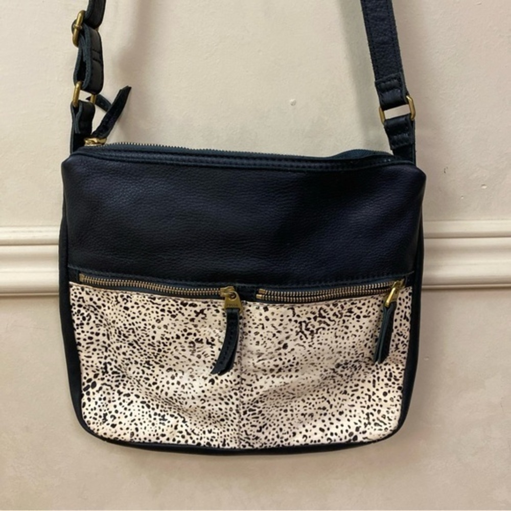 Fossil Black Leather Shoulderbag Crossbody Animal Calf Hair Handbag